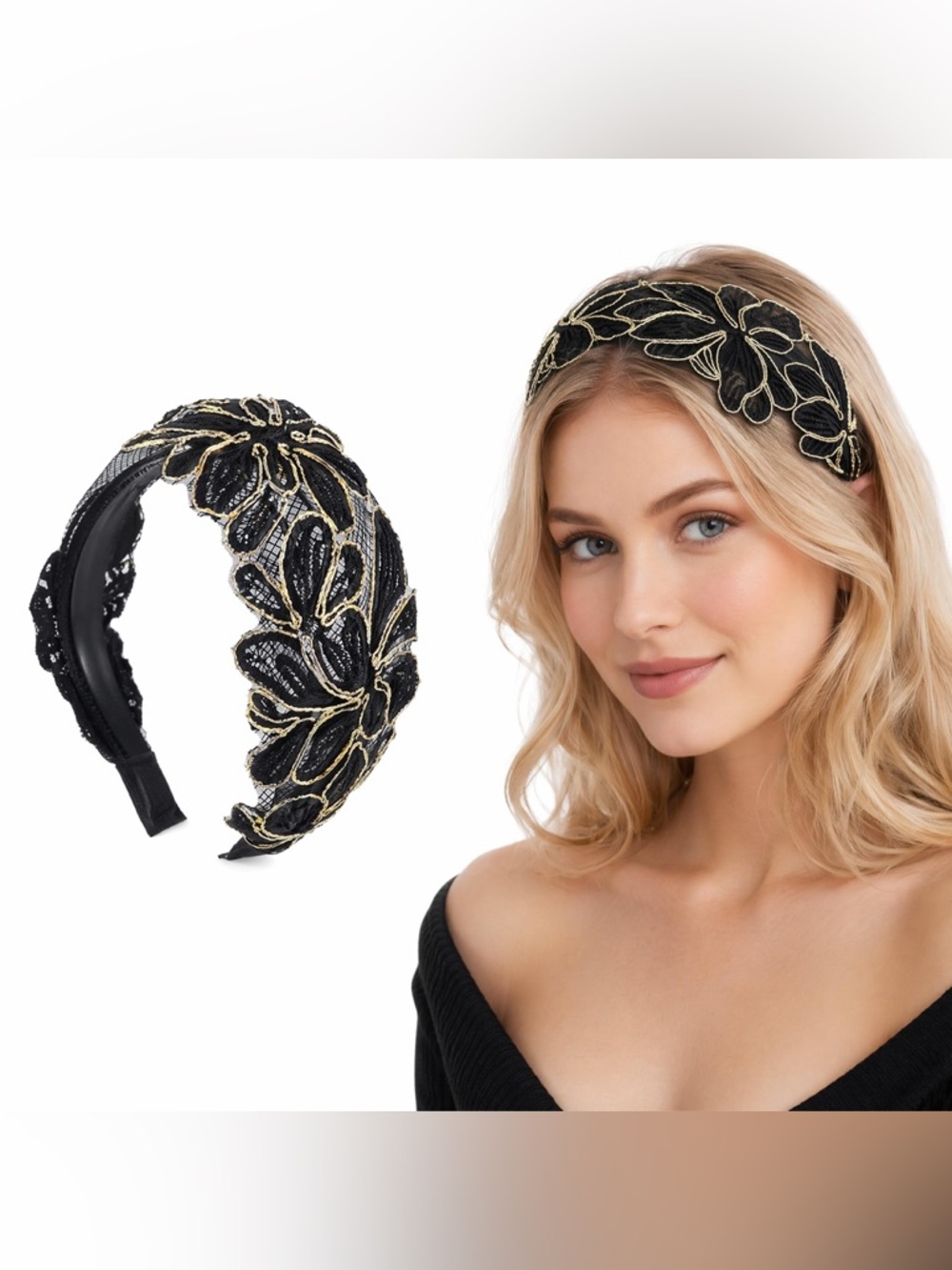 Flapper Headband for Women 1920s Vintage Floral Headpiece Elegant Black and Gold